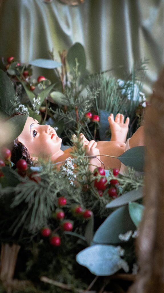Figura del Niño Jesús recostada en un pesebre de hojas y bayas rojas, símbolo de la Natividad.